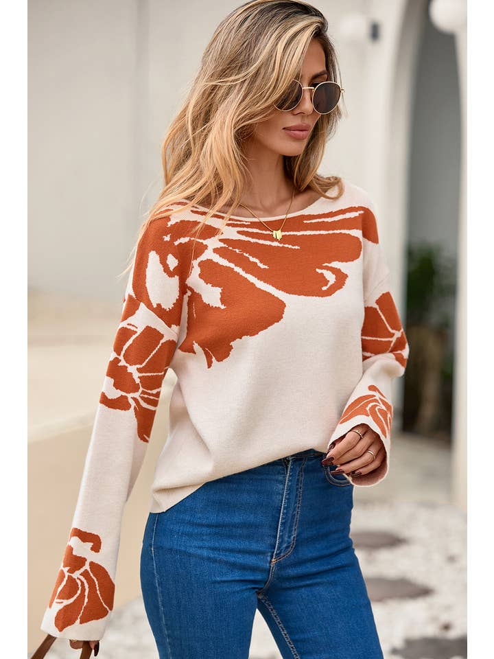 Beige LDC Bold Flower Pattern Southern Girl Baggy Sweater for wholesale on Faire5