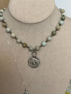 Buffalo Head Nikkel med amazonit rosenkrans perle halskæde for engroshandel hos Mon Amie Jewelry