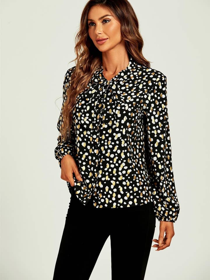 Gold Foil Leopard Print Pussybow Blouse/Top In Black for wholesale by FS Collection (Germany)