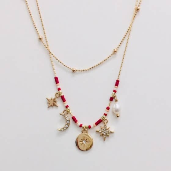 StarryNYC - Wholesale Pendant/Charm Necklace - 2 Row Necklace Multi Charm Star Crescent Starburst Pearl
