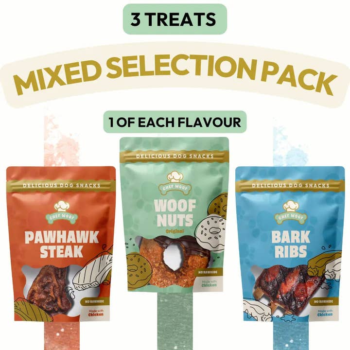 Chef Woof Dog Treats Selection | 3 Natural Dog Treats for wholesale by Chef Woof