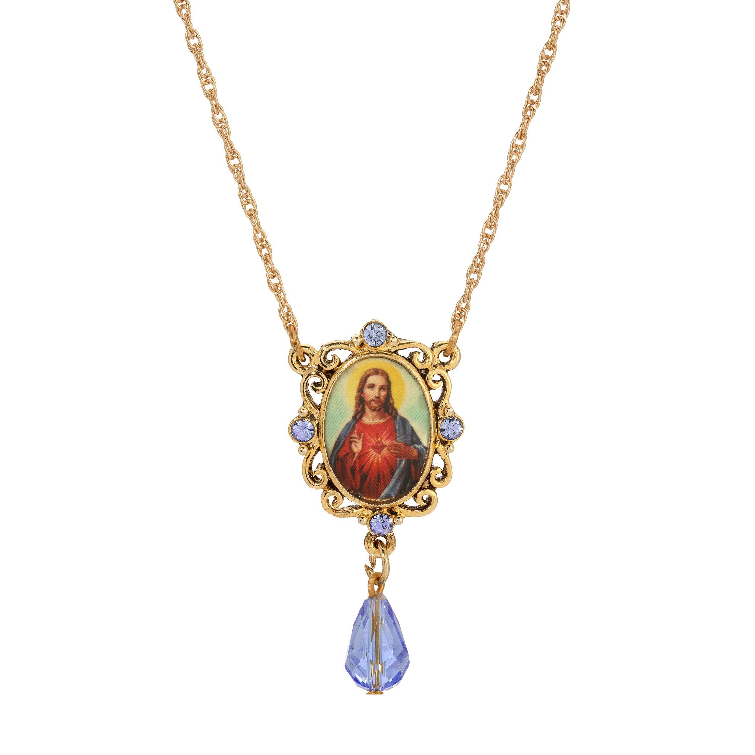 Gold Tone And Multicolor Symbols Of Faith Jesus Sacred Heart Sapphire Blue Crystal Drop Pendant Necklace 18" for wholesale on Faire0