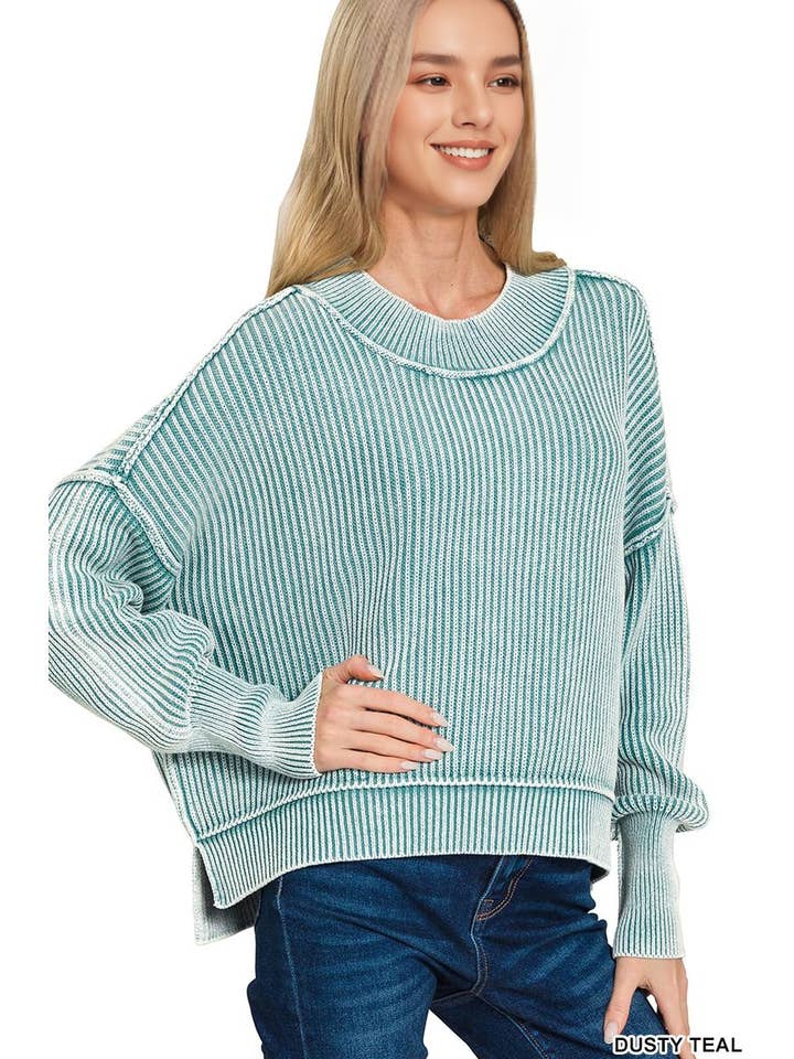 42POPS - Wholesale Knit Sweater - Women's - ....1014 Washed Side Slit Oversized Cropped Sweater SI-2651013