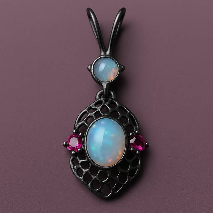 Sterling Silver Opal & Pink Tourmaline Filigree Pendant for wholesale by Wilde Aesthetics