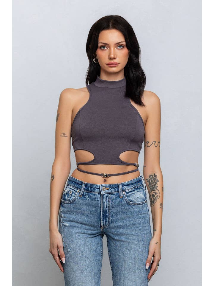 No Vacancy - Wholesale Tank Top - Women's - Crop jersey cut out tank top w/ clasp tie detail1