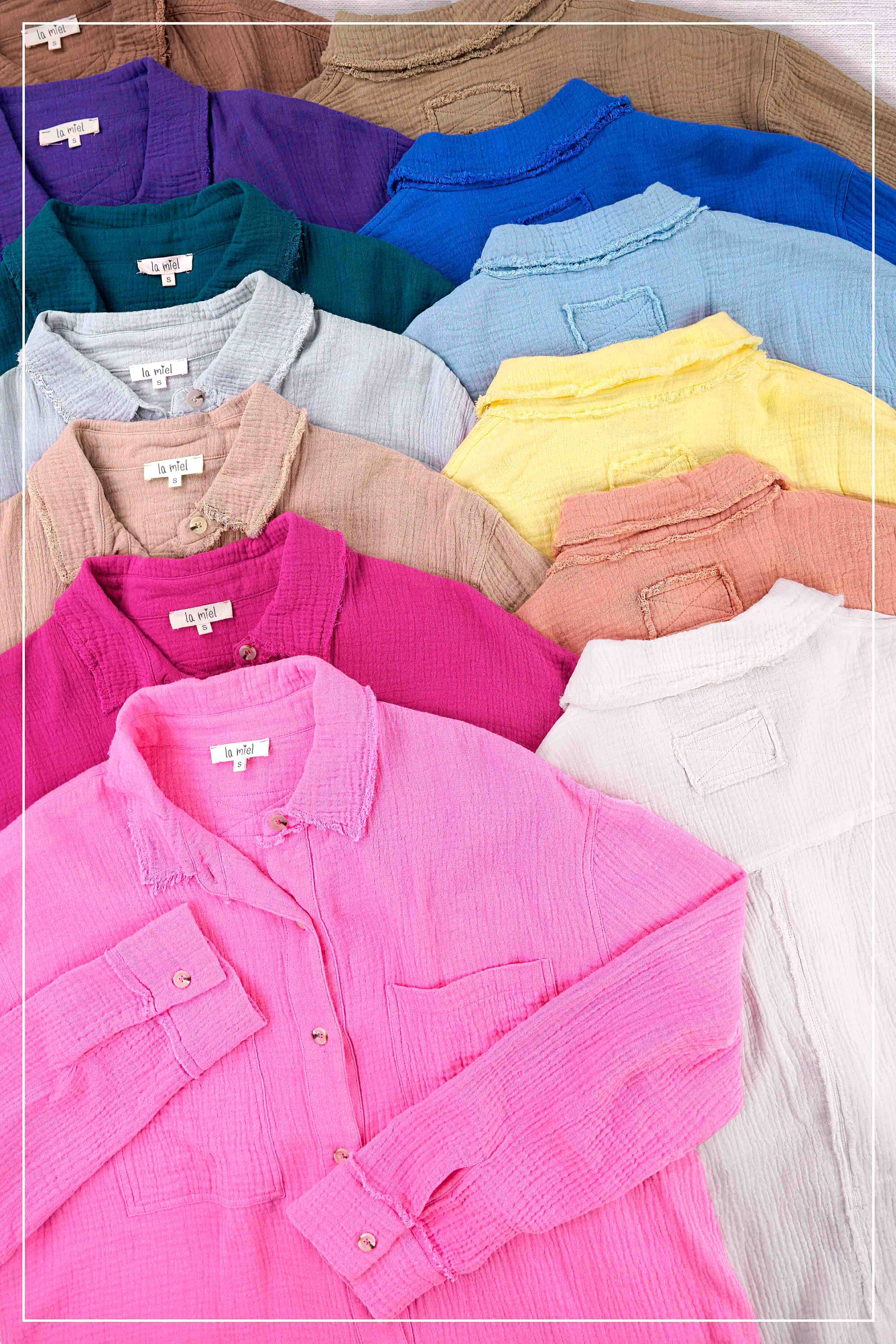 La Miel - Wholesale Button Down Shirt - Women's - SRT7448-Soft Washed Crinkled Gauze Button Down Shirts42