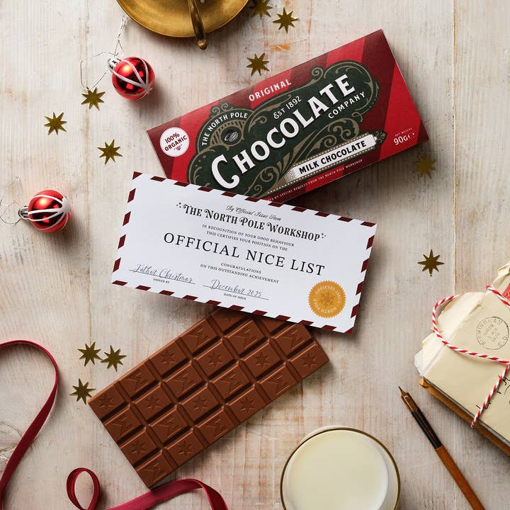 Organic Milk Chocolate Bar + Nice List Certificate (90g) for wholesale by The Handmade Christmas Co.