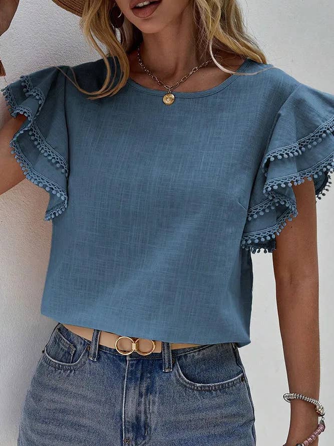 Comely Fashion - Wholesale Blouse - Women's - Plain Ruffle Sleeves Crew Neck Top