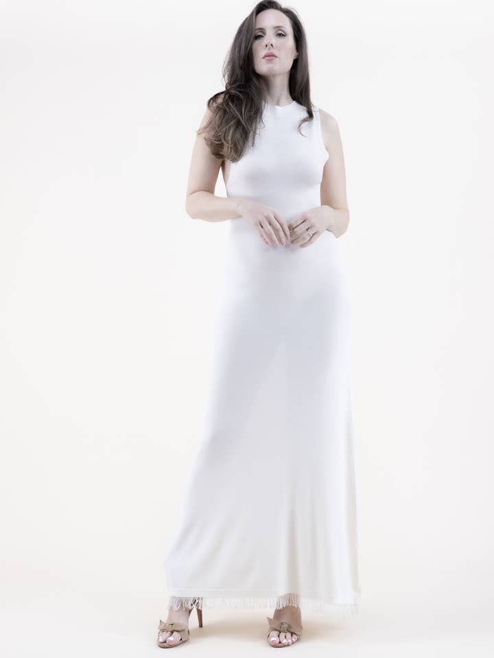 Neutral Jewel Neck Sleeveless Fringed Thin Knit Dress for wholesale by Original USA