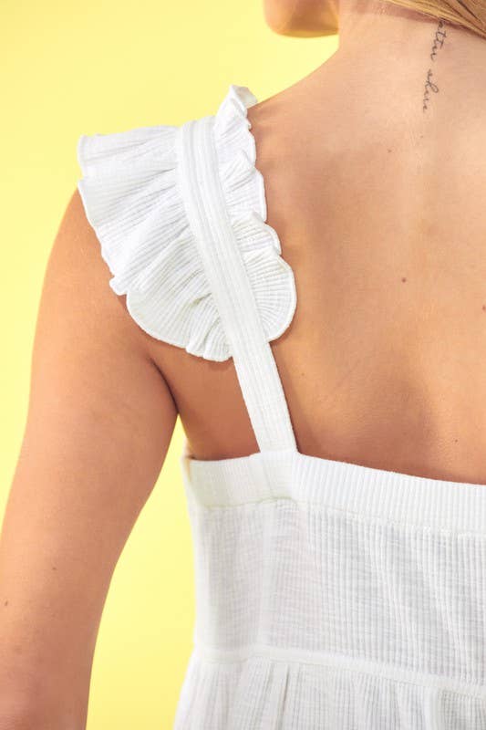 Bianco Off Top Babydoll lavorato a costine, cinturino arricciato, bottoni sul retro - 40075T in vendita all'ingrosso su Faire8