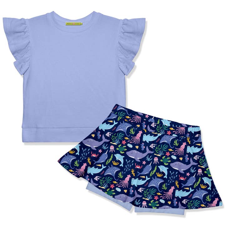 Kids Periwinkle Fr Terry Top & Sea World Skort for wholesale by Millie Loves Lily