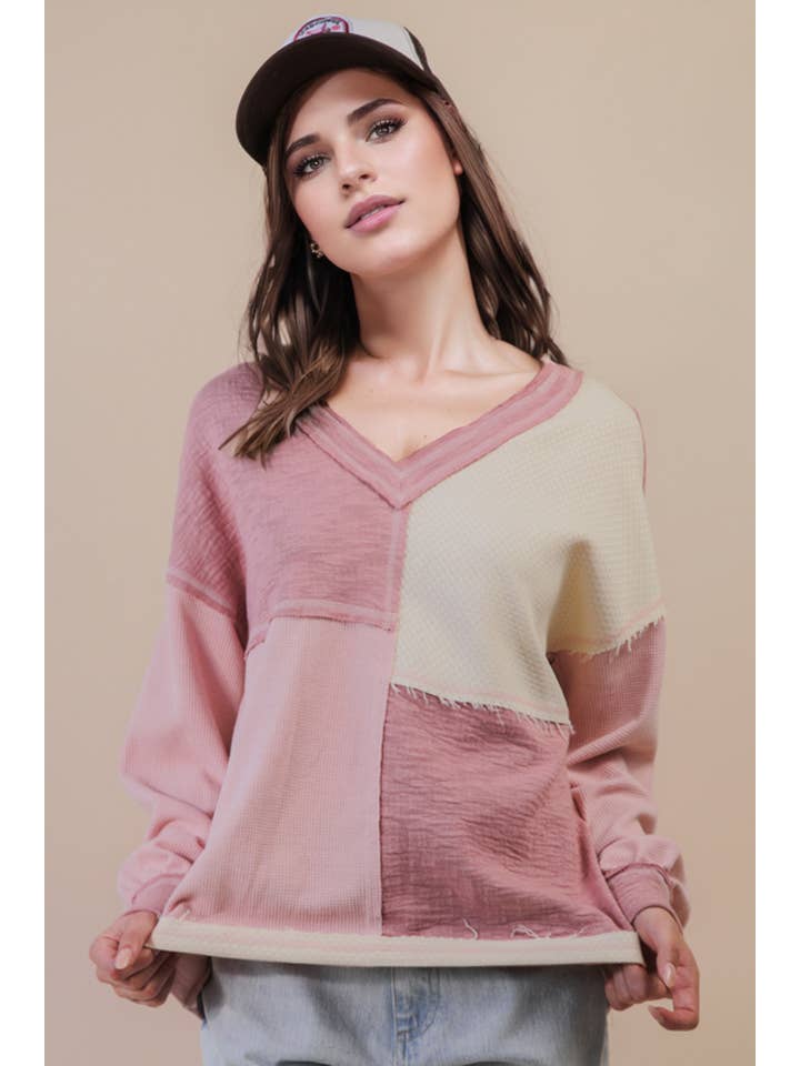 VERY J - Wholesale Knit Top - Women's - NT12222-Oversized Color Block Casual Knit Top1