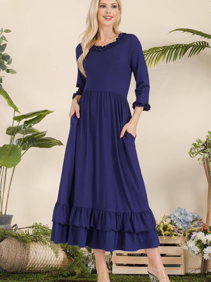 Celeste Clothing - Wholesale Dress - Women's - PLUS SIZE DRESS WITH RUFFLE SLEEVES AND HEMLINE -CD43855
