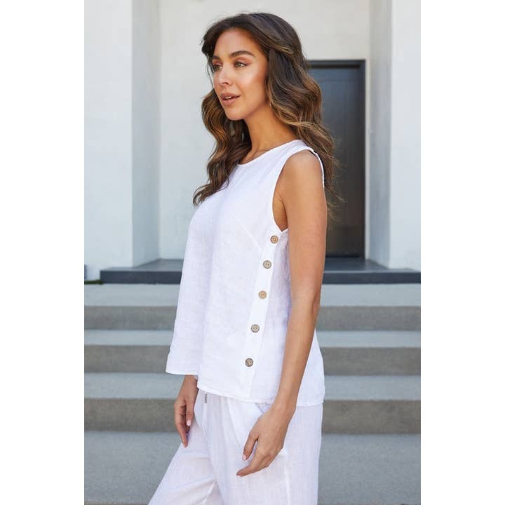 ITALIENISCHES LEINEN-TANKTOP MIT SEITLICHEN KNÖPFEN (5-32) für den Großhandel von VENTI6