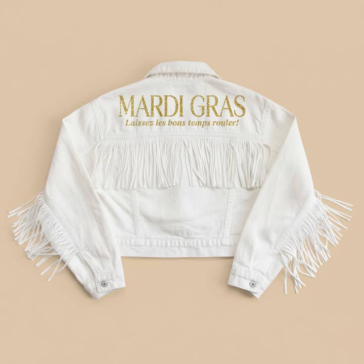 Chaqueta de Mezclilla con Flecos Blancos – Edición Mardi Gras para venta al por mayor de GiftsbyPR