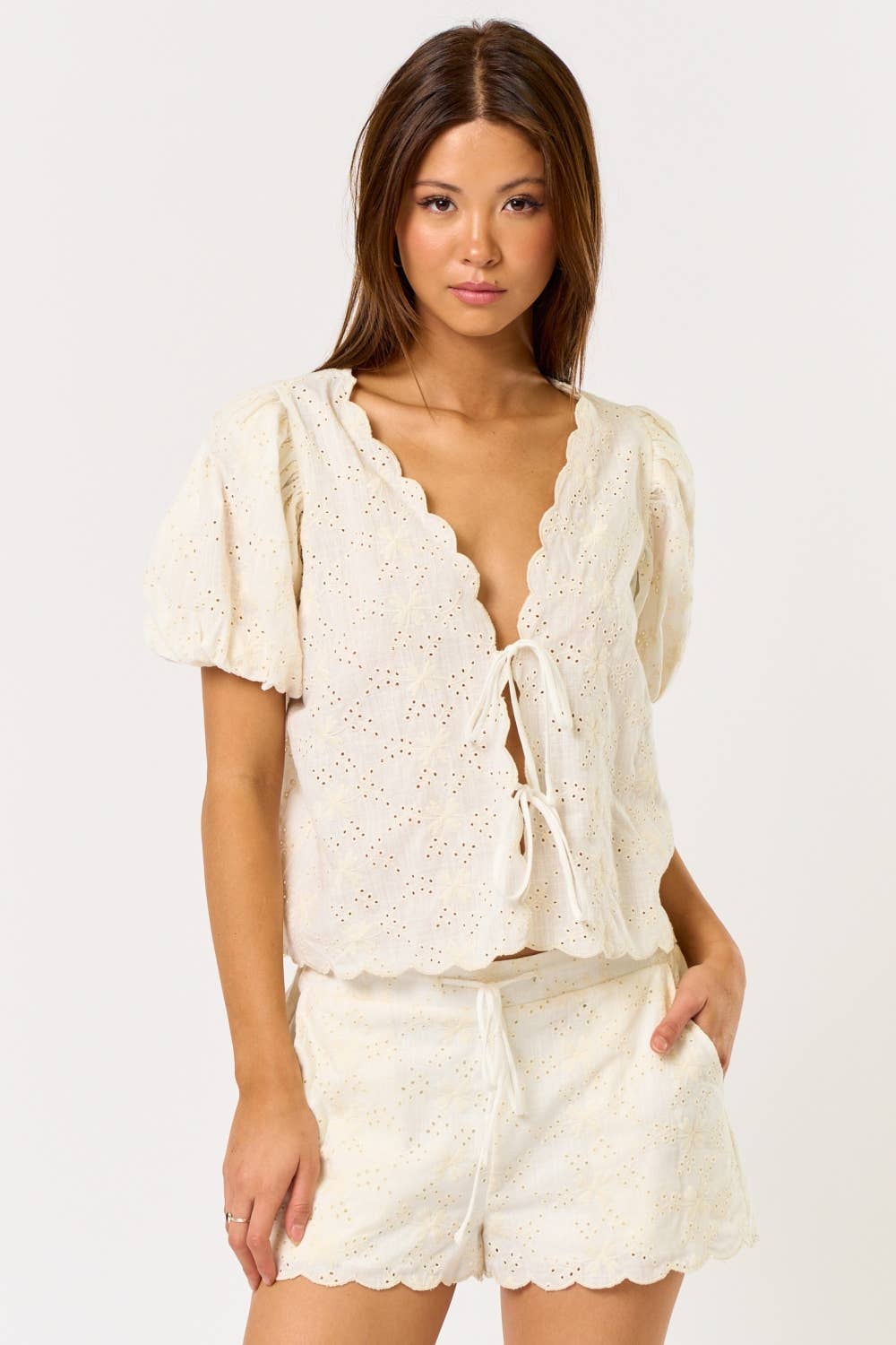 Blue Blush - Wholesale Top & Short Set (NOT Loungewear) - Women's - IBS32189 Linen Eyelet Tie Front Top with Matching Shorts5