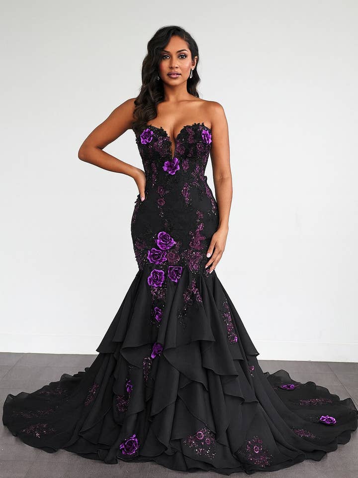 Amethyst Allure: Stunning Black Purple Mermaid Wedding Gown for wholesale by A&M Bridal