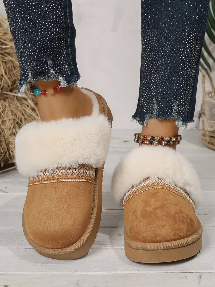 Faux Suede Plush Trim Ethnic Mule Slippers for wholesale by 1 the Woman