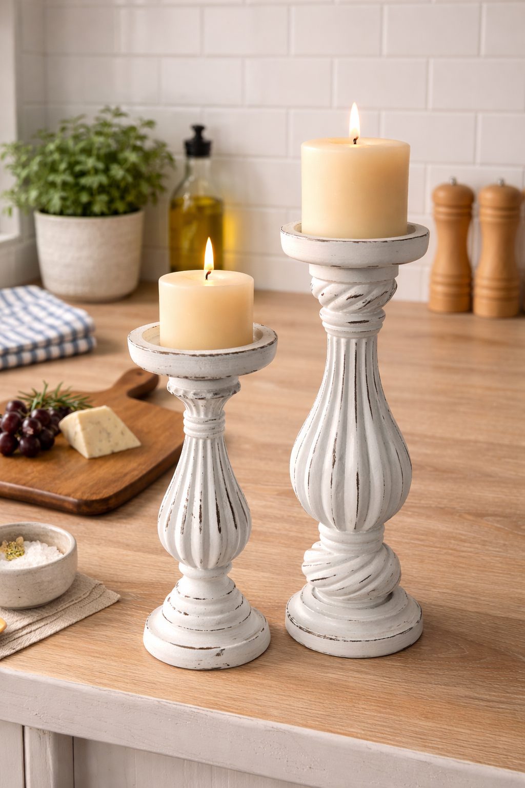 Drew Derose Design - Wholesale Candle Holder - White Wash Wooden Candlesticks – 2 Piece Set1