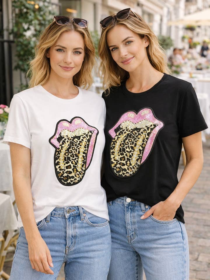 Kristallen Parel Versierde Luipaard Lippen T-shirt voor wholesale door Kurt Muller