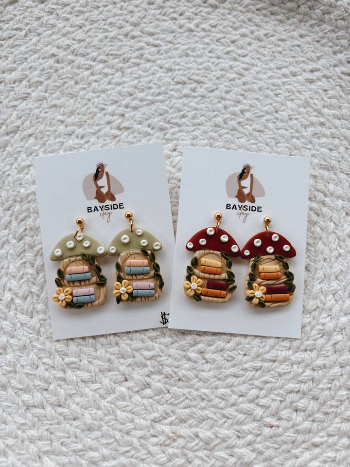 Mushroom Bookshelf Earrings | Clay Earrings | Bookish for wholesale by Bayside Clay