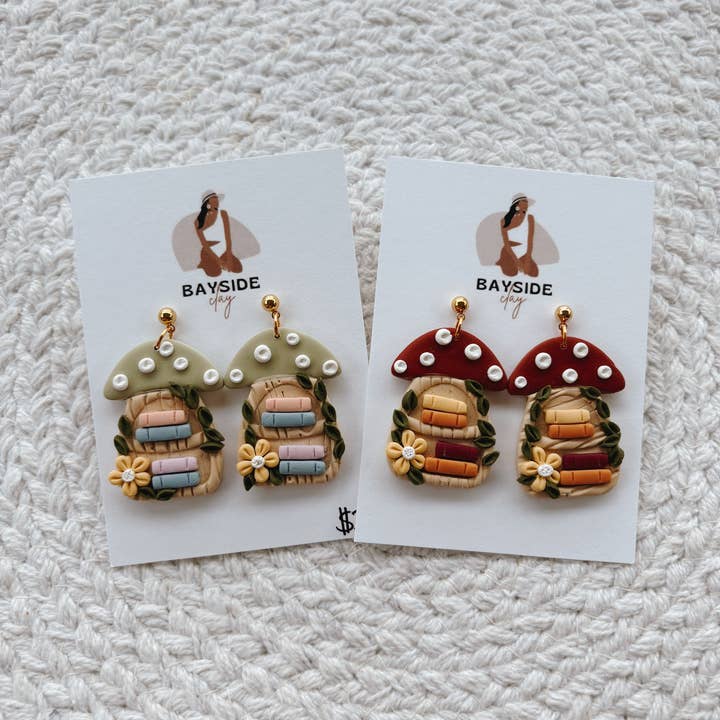 Bayside Clay - Wholesale Dangle Earrings - Mushroom Bookshelf Earrings | Clay Earrings | Bookish0