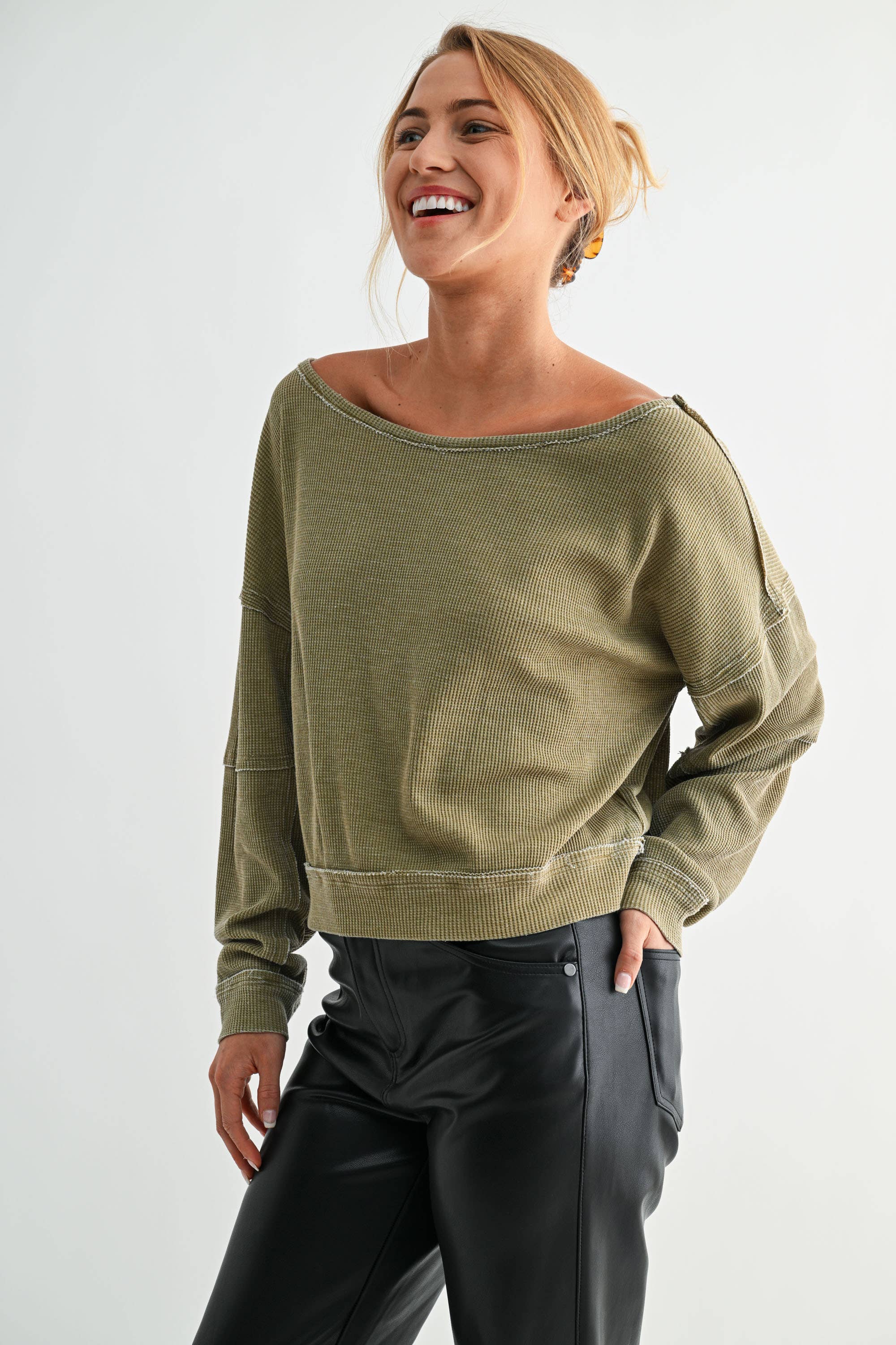 Mono B - Wholesale Sweatshirt - Women's - Raw Edge Waffle Knit Boatneck Pullover28