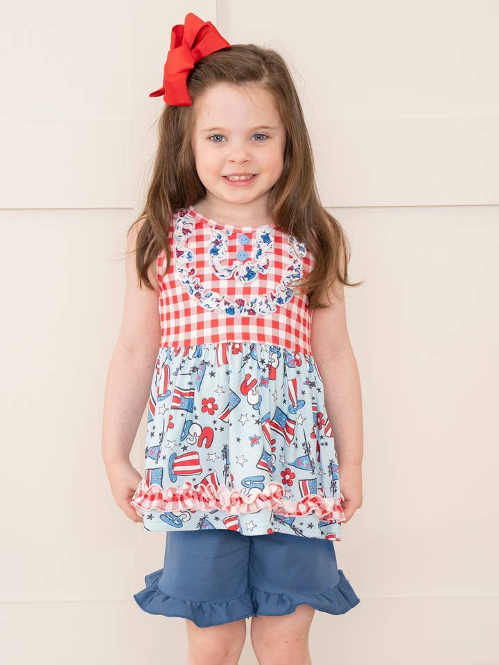 Marie Nicole Clothing - Wholesale Top & Short Set - Kids - Red Gingham Patriotic Treats Outfit