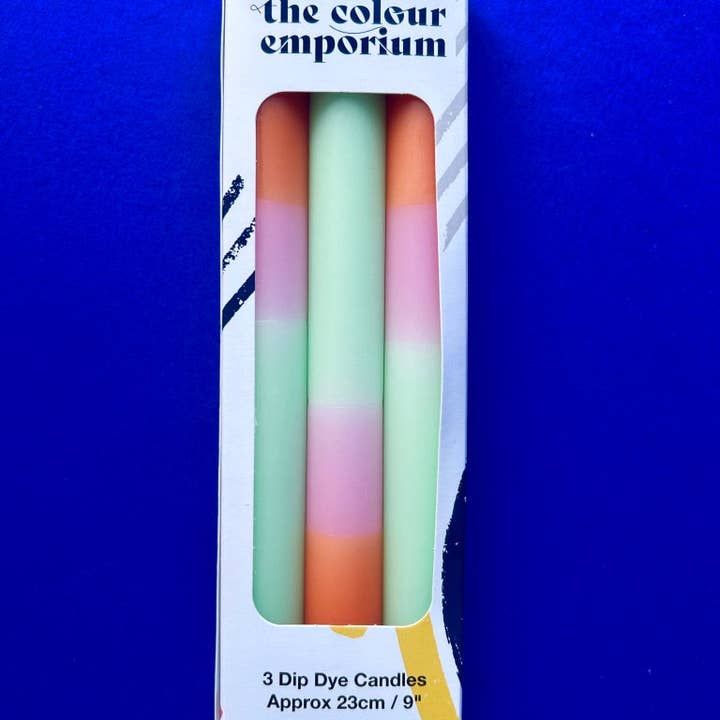 The Colour Emporium – wholesale Tapered candle/candlestick – FISHERMAN'S FRIEND Dip Dye Dinner Candles Trio1