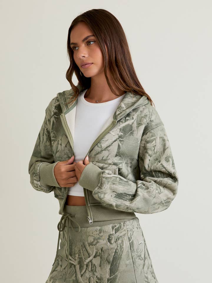 TREE CAMO PRINTED CROP HOODIE JACKET for wholesale on Faire0