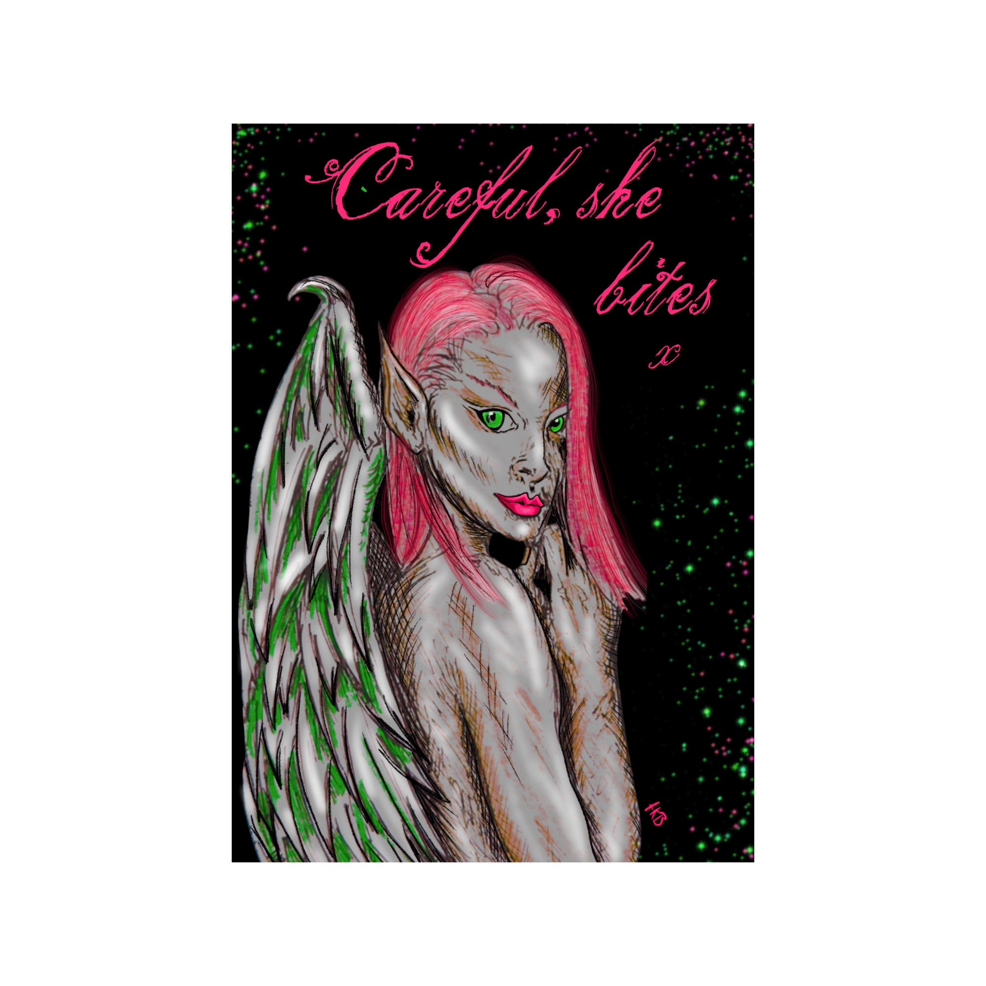 Hannah Kate Makes - Wholesale Art Print - Dark Angel Art Print - Careful She Bites - A5/A4  Pink/Green14