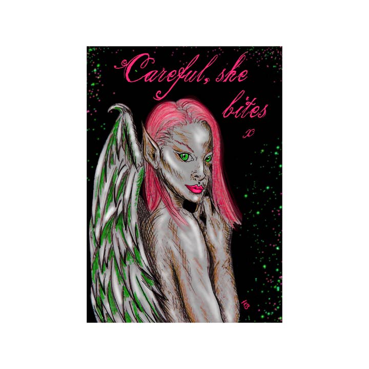 Hannah Kate Makes - Wholesale Art Print - Dark Angel Art Print - Careful She Bites - A5/A4 Pink/Green14
