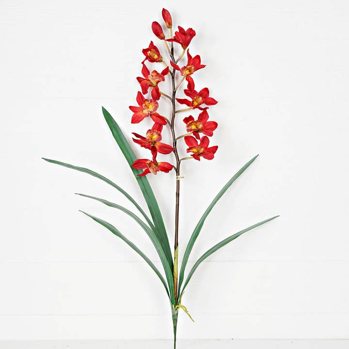 IT012RD- 32in Cymbidium orchid w leaves bush- Red for wholesale by Holiday Depot Inc.