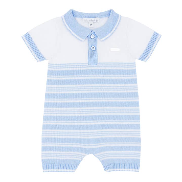 Babygrow azul de malha com riscas e gola para meninos por atacado de Blues Baby