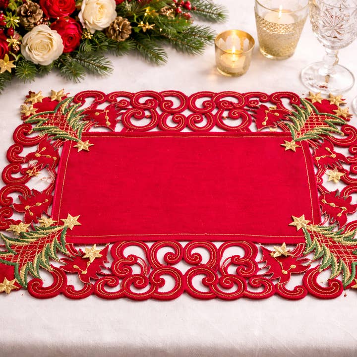Set de table de Noël brodé rouge 14"x20" pour la vente par Fennco Styles