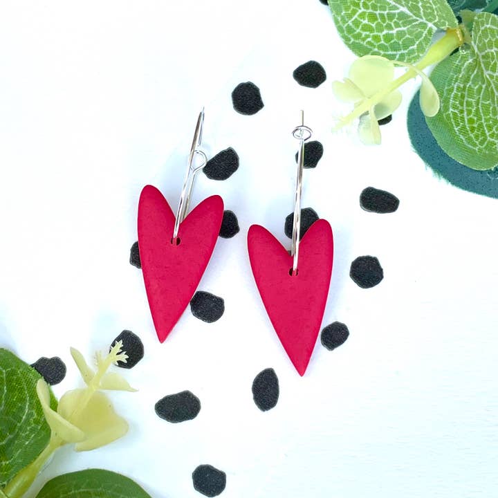 Red Heart Hoop Earrings - Handmade Polymer Clay for wholesale by Kay Jay Clay