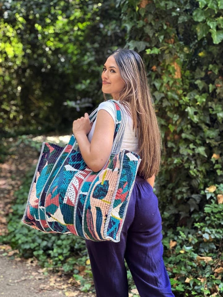 Quilted Velvet Cotton Reversible Extra Large Tote Bag Beach Weekender Eco friendly Sustainable Sturdy Grocery Shopping Summer Abstract Art for wholesale by Essential Designs London