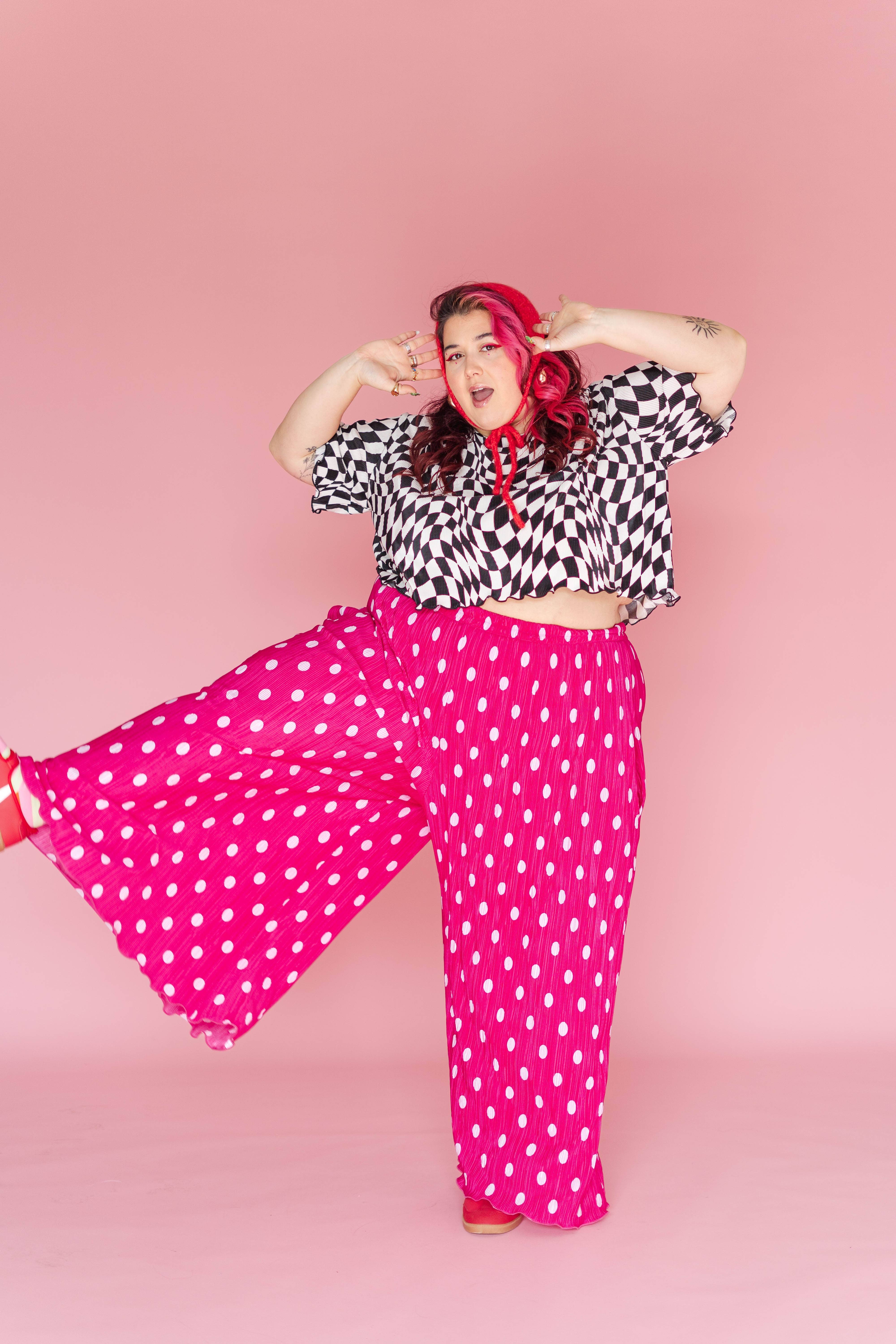 Nettle Studios - Wholesale Pants - Women's - Size Inclusive Hot Pink & White Polka Dot Pleated Flare Pant20