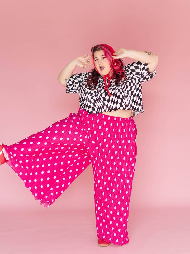 Nettle Studios - Wholesale Pants - Women's - Size Inclusive Hot Pink & White Polka Dot Pleated Flare Pant20