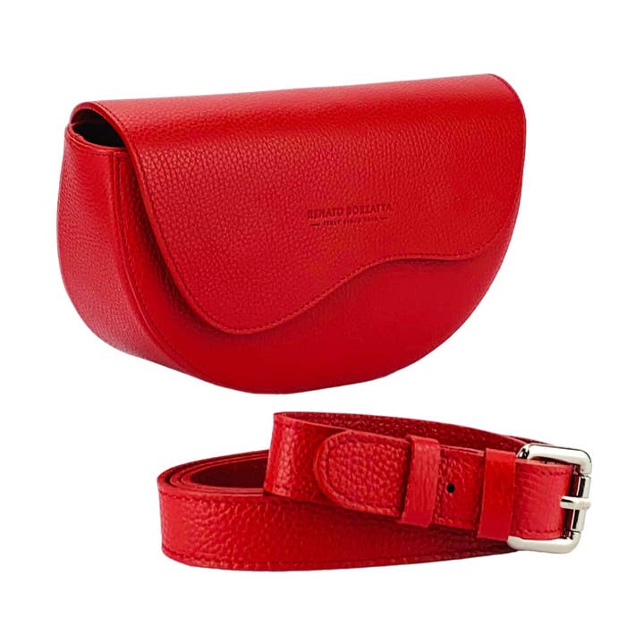 RB1027V | Women's rounded shoulder bag in genuine leather made in Italy. Removable and adjustable leather shoulder strap. Polished Nickel Accessories - Red Color - Dimensions: cm 25 x 15 x 9 for wholesale by Kaili mood / RENATO BORZATTA - Italy since 1978 -