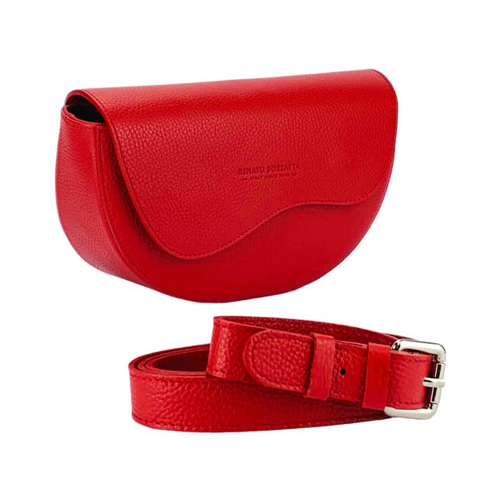 RB1027V | Abgerundete Schultertasche für Damen aus echtem Leder, hergestellt in Italien. Abnehmbarer und verstellbarer Schulterriemen aus Leder. Accessoires aus poliertem Nickel — Rote Farbe — Maße: 25 x 15 x 9 cm für den Großhandel von Kaili mood / RENATO BORZATTA - Italy since 1978 -