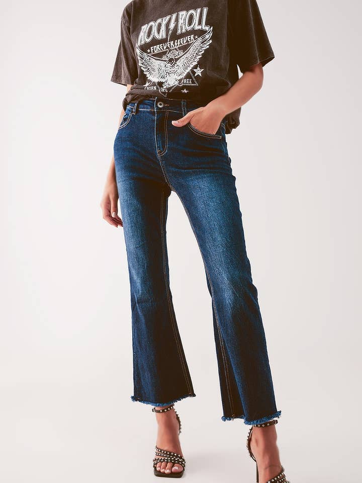 Jean raccourci Kickflare à mi-lavage pour la vente par Q2—All Orders:Free Duties for the US,UK,and Canada