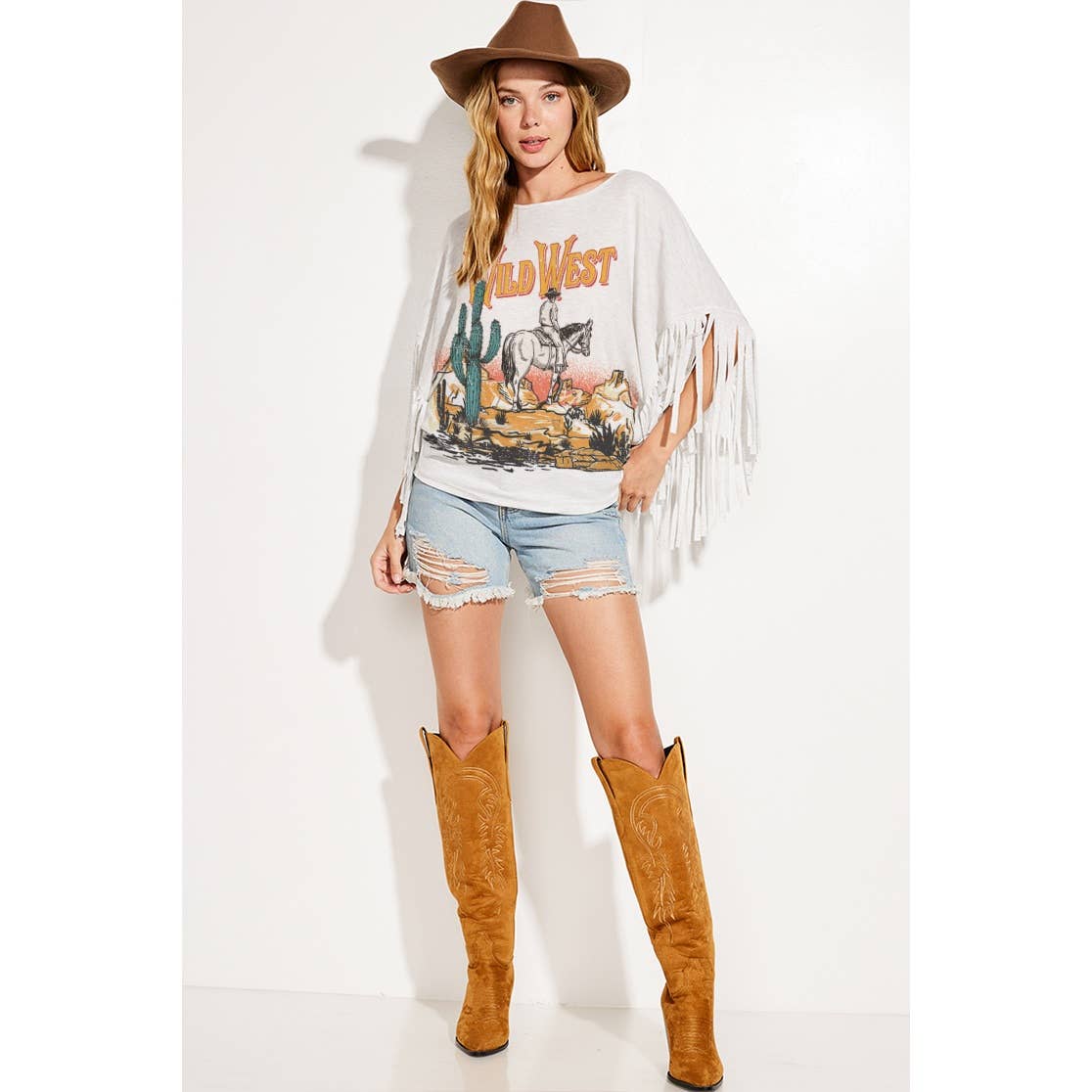 Phil Love - Vente T-shirt sérigraphié – femme - Top à franges Wild West Dolman2