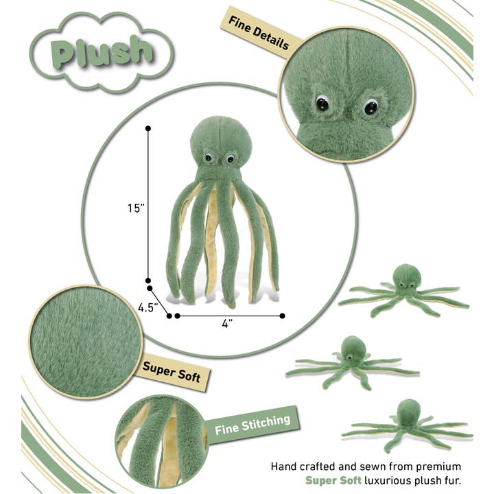 Cota Global - Wholesale Stuffed/Plush Toy - Kids & Baby - Super-Soft Plush - Green Octopus 15"2