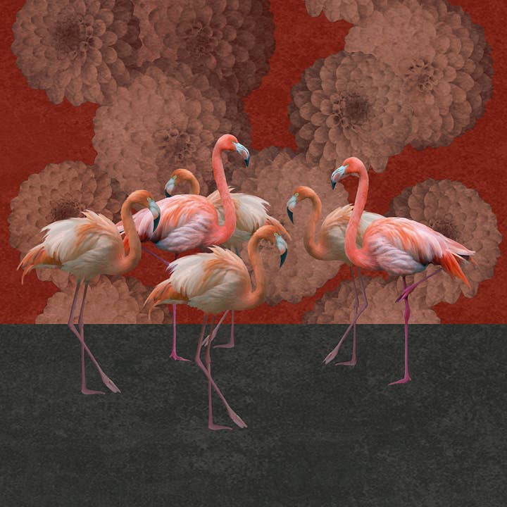 Daria Petrilli - Wholesale Wallpaper - ASH DAHLIA AND FLAMINGOS ON PURPLE AND LAND - WALLPAPER1