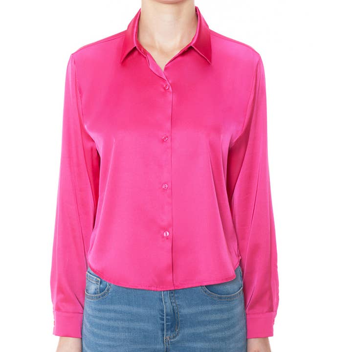 FREEZIA - Wholesale Button Down Shirt - Women's - BUTTON DOWN CROPPED LONG SLEEVE SATIN BLOUSE SHIRT-F7632617