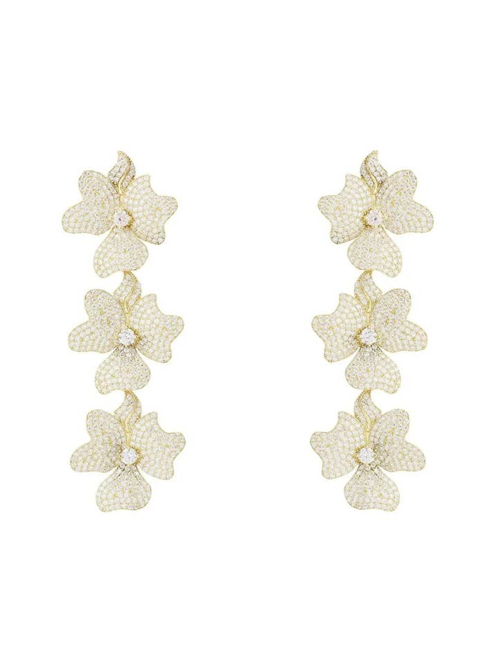 Jasmine Flower Triple Drop Earrings Gold for wholesale by Latelita