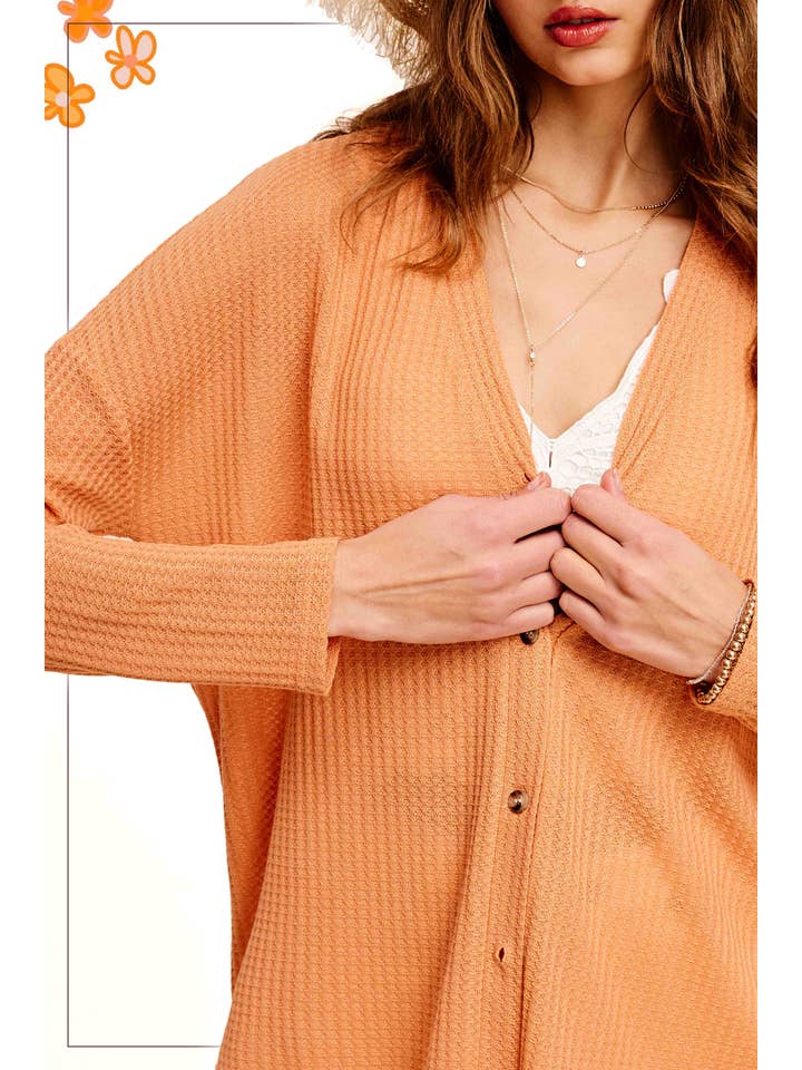 La Miel - Wholesale Cardigan - Women's - HBC2175-Soft Waffle Fabric Button Down Long Sleeve Cardigan