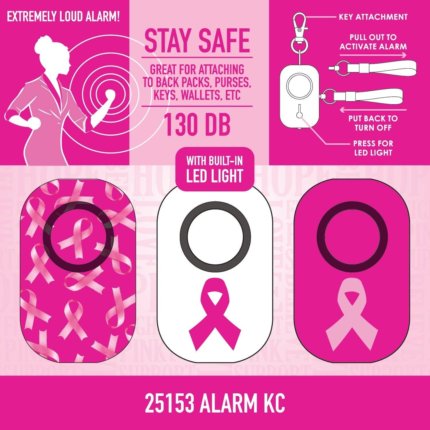 Novelty Closeout - Wholesale Keychain - Women's - Panic Alarm Key Chain PINK Awareness Assortment- 4/Pack1