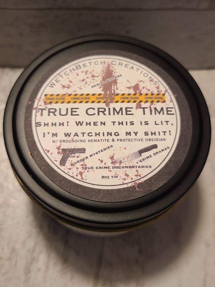True Crime Time, 8oz Intention Soy Candle Tins, Protection for wholesale by WBC Shops